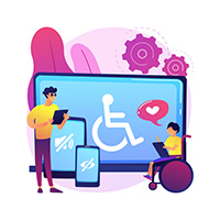 Illustration with standing person with tablet on the left and seated person in wheelchair on the right, standing in front of three screens with wheelchair symbol, silent symbol and crossed-out eye symbol and two cogwheels