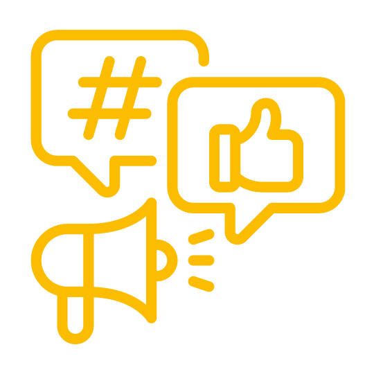 yellow icon with megaphone, hashtag in a speech bubble and thumbs up in a speech bubble