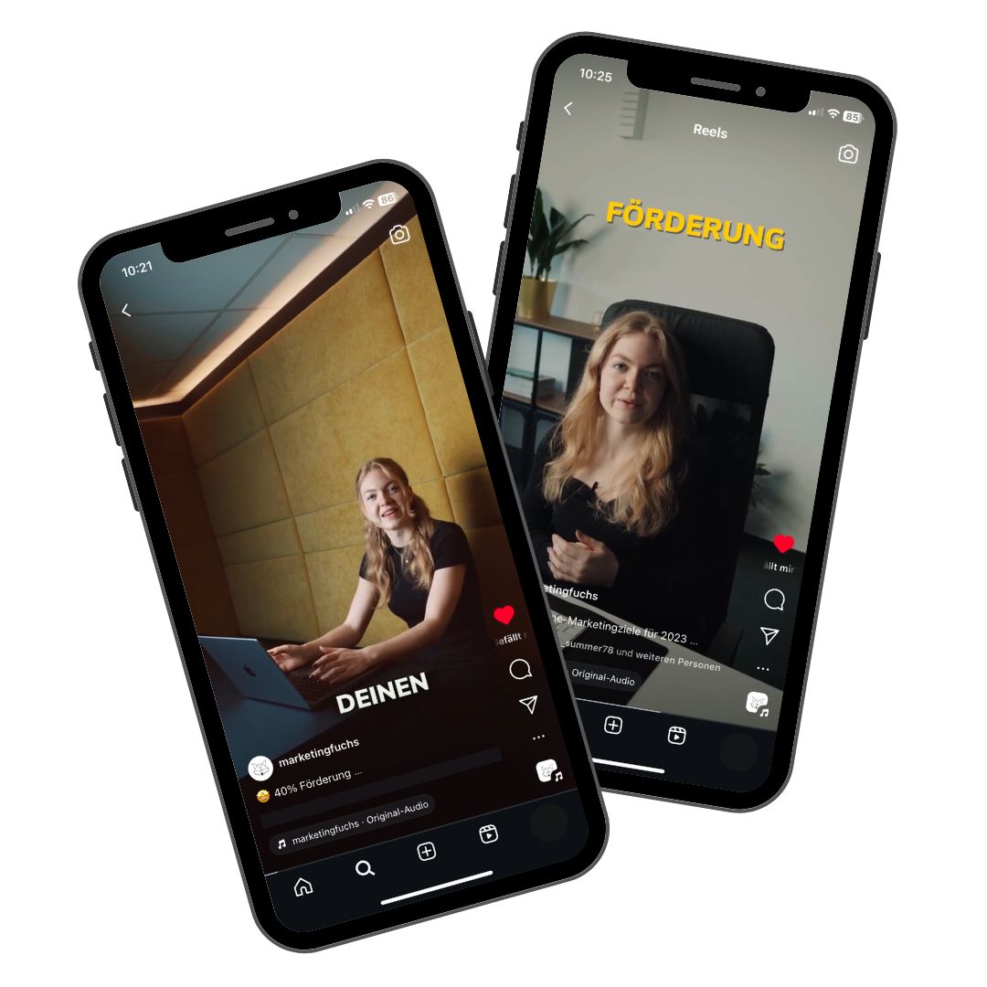 Zwei Smartphone-Bildschirme, die je ein Instagram-Reel mit offenen Untertiteln passend zum Video zeigen